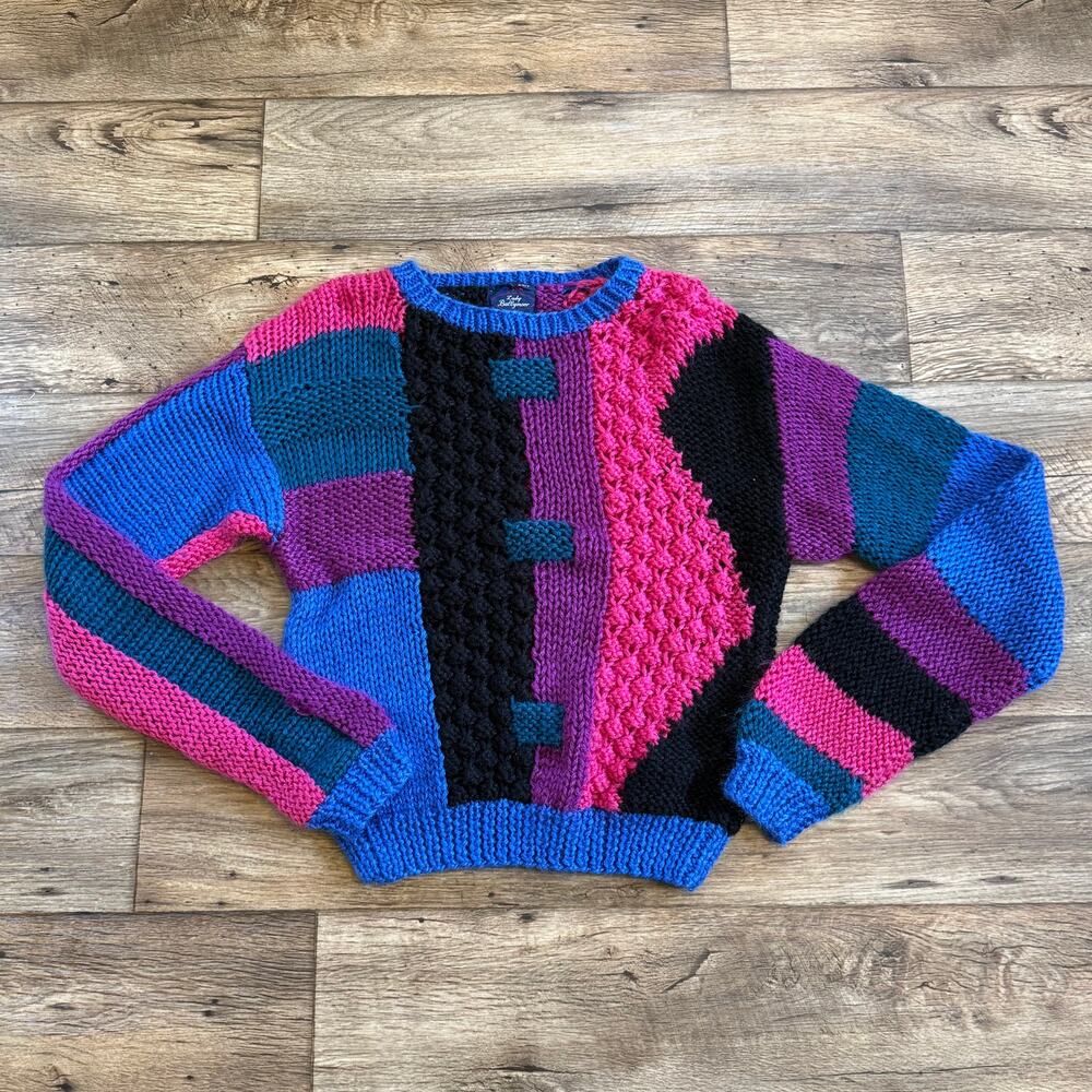 Vintage 80s Abstract Colorful Geometric Hand Knit Sweater
